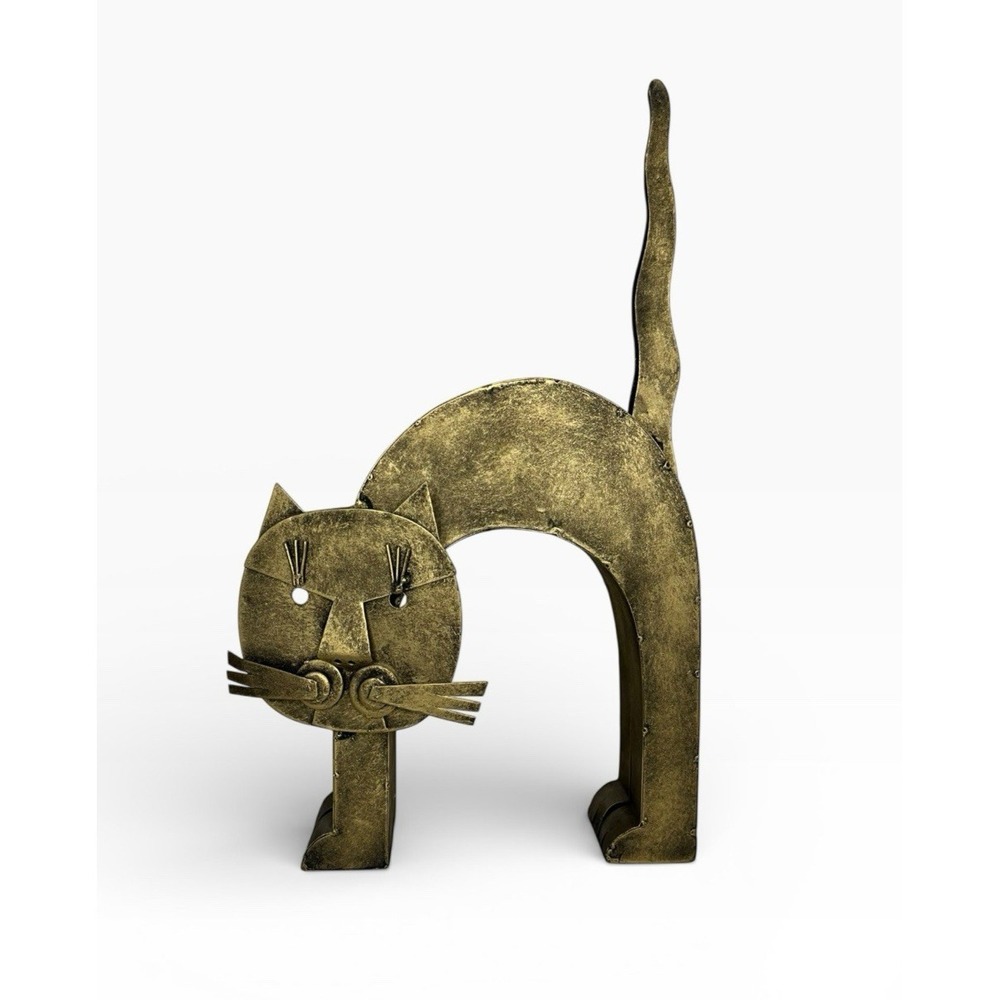 Gold Tone Metal Cat‎ Statue Figure Brutalist Figurine Sculpture Welded